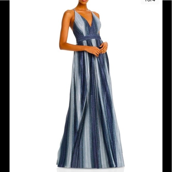 Aqua Dresses & Skirts - Women’s Formal Dress Size 8 AQUA Navy Pleated Glitter Striped Spaghetti Strap